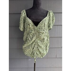 H&M Women's‎ Green Floral Ruched Up Short Sleeve Cropped Top With Front Tie XXL!